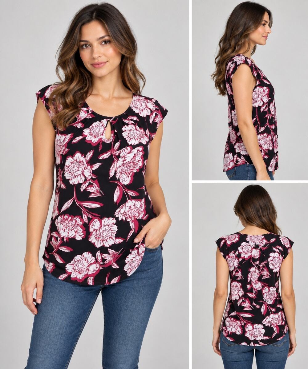 Kasper Womens Blouse Top Floral Capped Sleeve Pleated Keyhole Pullover Small